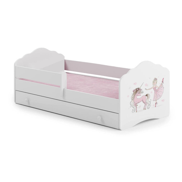 Letto per bambini Hagibis, Lettino per cameretta, Set camera da letto, Struttura porta materasso, 78x144 h65 cm, Bianco con unicorno