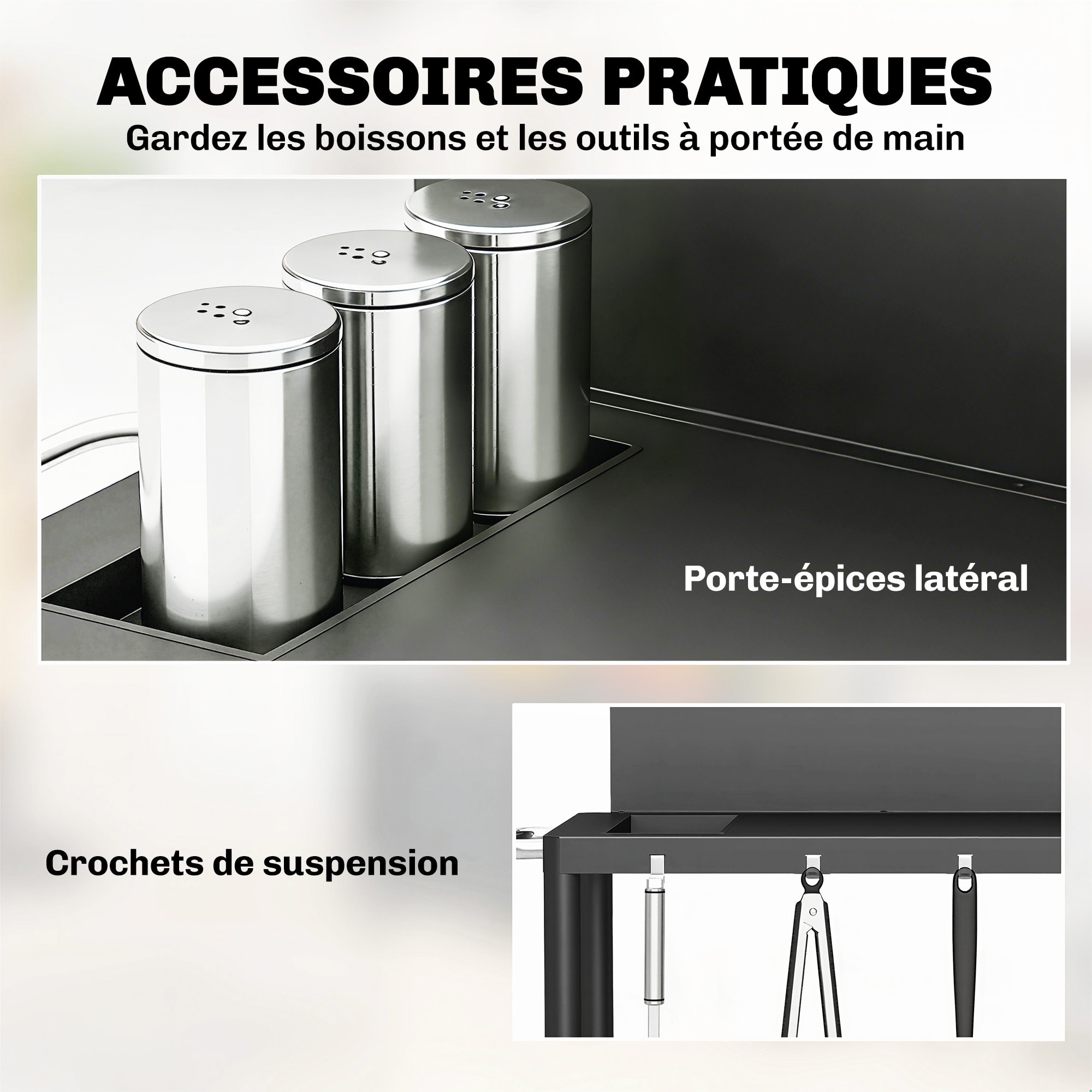 Desserte de jardin 2 étagères range épices plateau crédence 3 crochets 2 roues