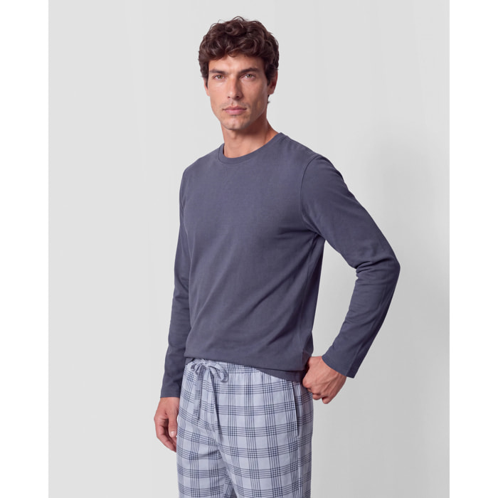 Pigiama lungo in cotone a quadri seren blu navy