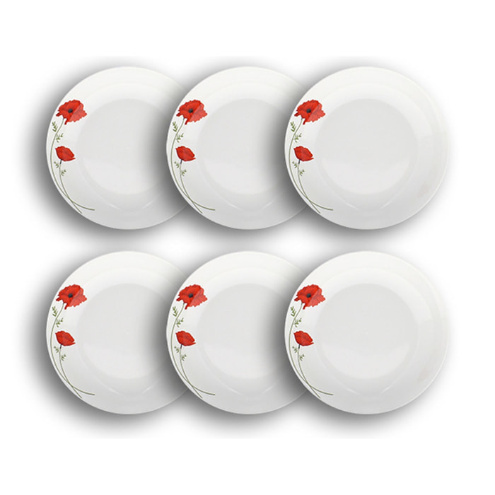 Lot de 6 assiettes creuses porcelaine blanche avec dessin 20,5cm COQUELICOT