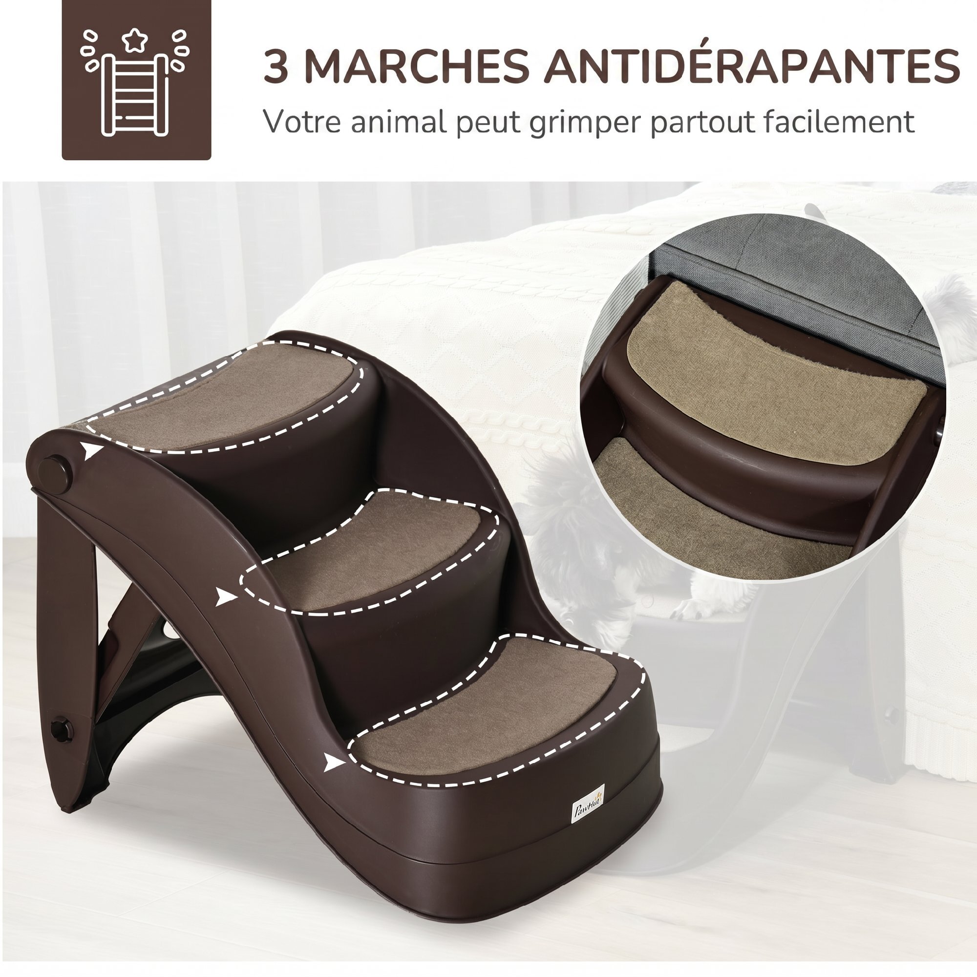 Escalier pour chien animaux pliable 3 marches antidérapant max. 10Kg plastique chocolat