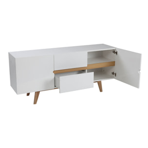 Buffet scandinave blanc laqué brillant et finition bois clair 2 portes 2 tiroirs L160 cm MELKA