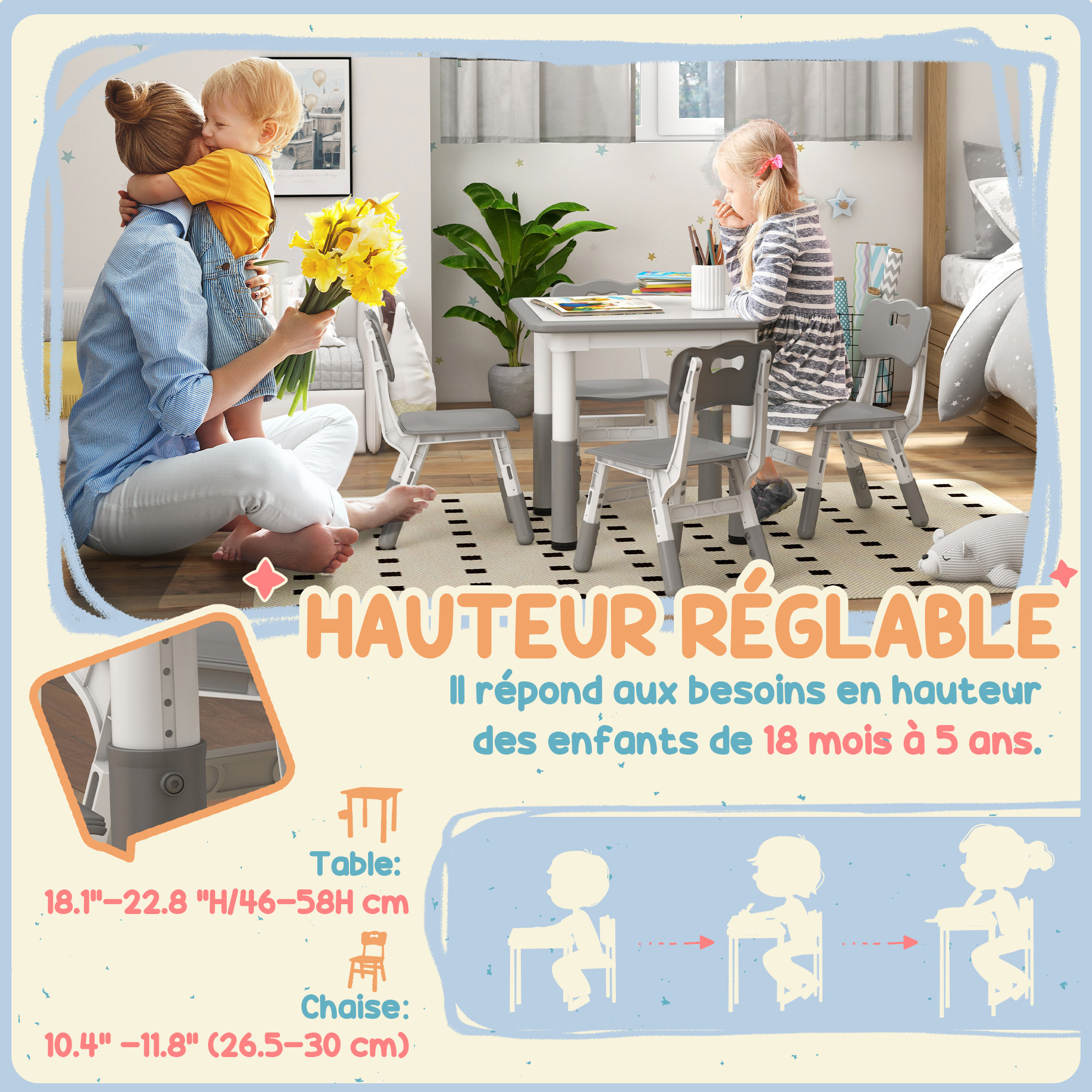 Ensemble table et chaises enfant - set de 5 pièces réglables en hauteur - MDF PP blanc gris