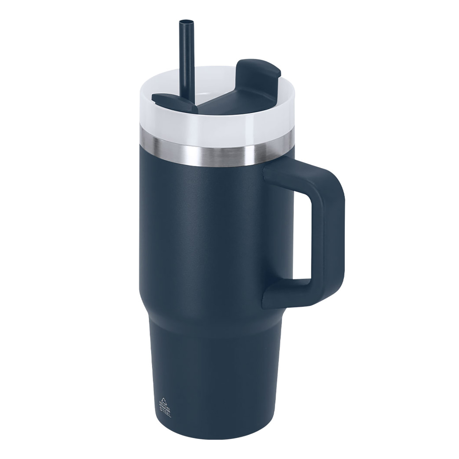 Tazza termica in Acciaio Inox Riciclato a doppia parete e capacità di 450 ml. Con coperchio a chiusura a pressione con foro per bere e coperchio scorrevole per cannuccia.