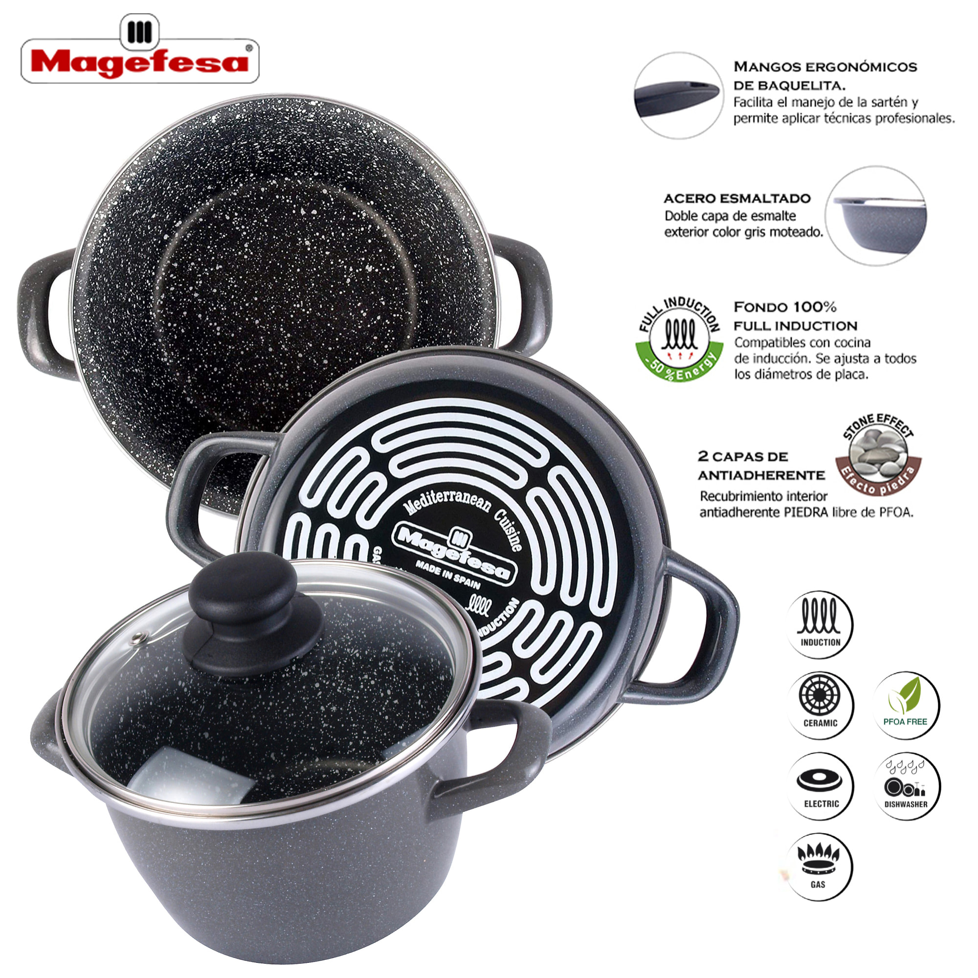Magefesa K2 GRANSASSO olla 30 con tapa de vidrio, acero esmaltado vitrificado, en gris, inducción y lavavajillas