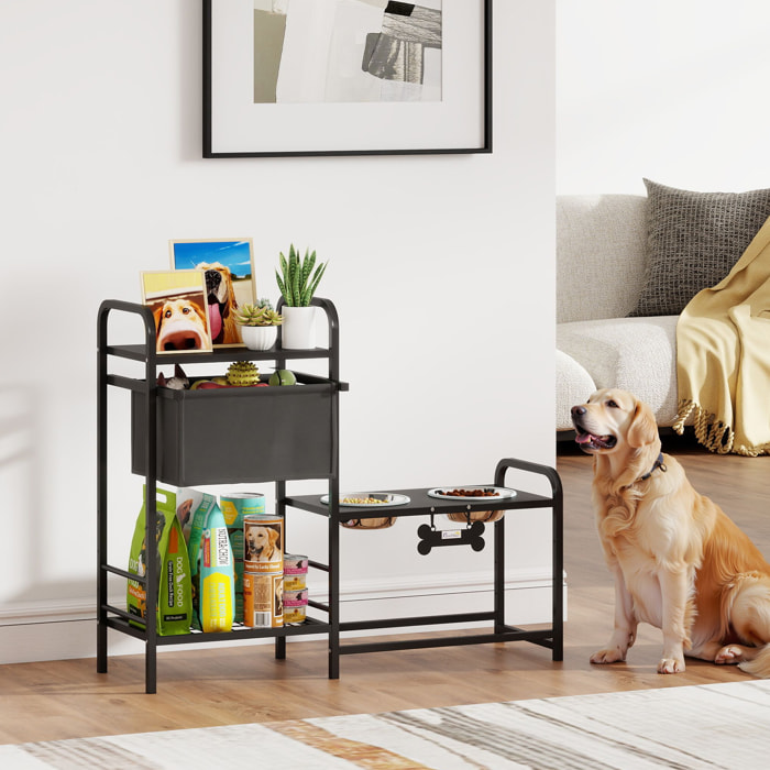 Comedero Perro Elevado con Cajón de Tela, Cuencos Elevados con 2 Cuencos de Acero Inoxidable 2x800 ml, Altura Ajustable, 2 Estantes, para Perros Pequeños y Medianos, Negro
