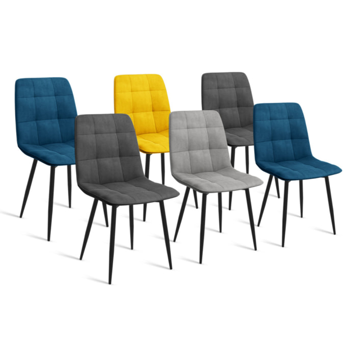 Chaises Linda velours mix couleurs (bleu, gris et jaune) pieds métal noirs - lot de 6
