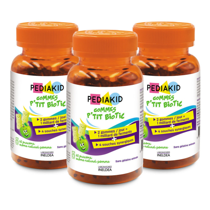 PEDIAKID - Gommes P'tit Biotic - Formule Naturelle au Délicieux Arôme de Pomme - Contribue à Enrichir la Flore Intestinale - Soutient les Défenses de l'Organisme - Lot de 3 piluliers