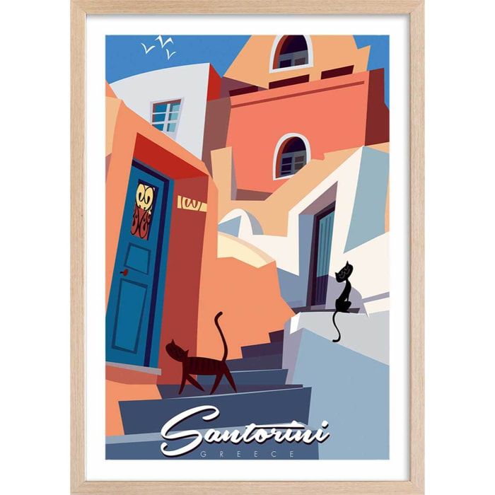 Poster vintage les chats de santorini Affiche + cadre en bois - Chêne