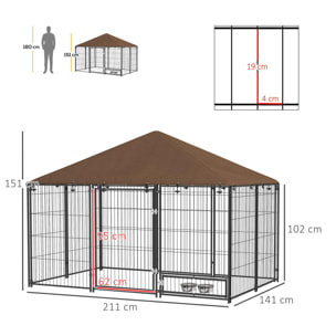 Perrera con Toldo Parque para Perros Metálica de Exterior con Soporte Giratorio para Comida 2 Cuencos para Patio Jardín Terraza 211x141x151 cm Negro