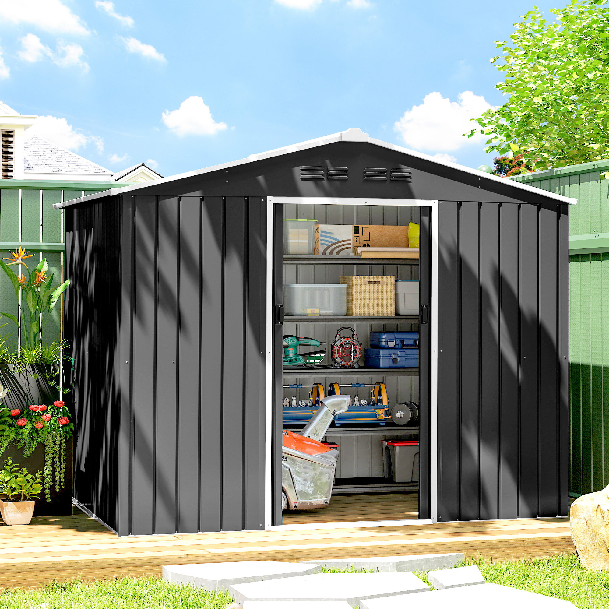 Caseta de Jardín Exterior 3,6 m², 236x171x191 cm, Cobertizo de Jardín Exterior Metálico con Puertas Correderas y Ranuras de Ventilación, para Almacenamiento de Herramientas, Gris Oscuro