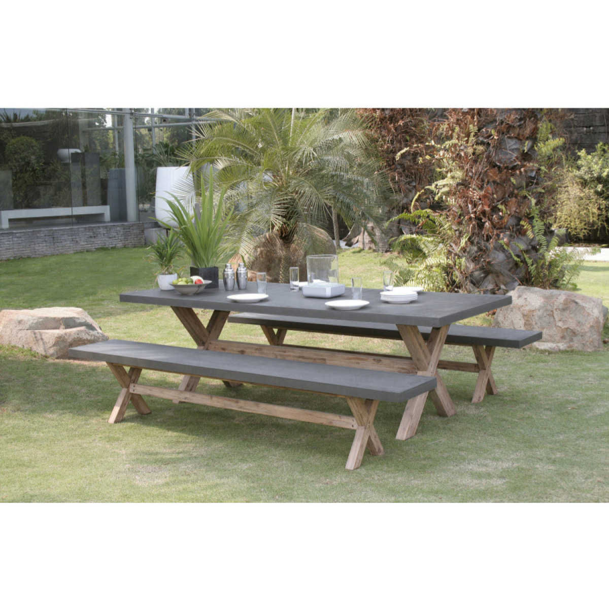 HANS - SALON DE JARDIN EN FIBRE DE BETON ET ACACIA 8 pers - Ensemble jardin - 1 Table rectangulaire 200*100 cm et 2 bancs