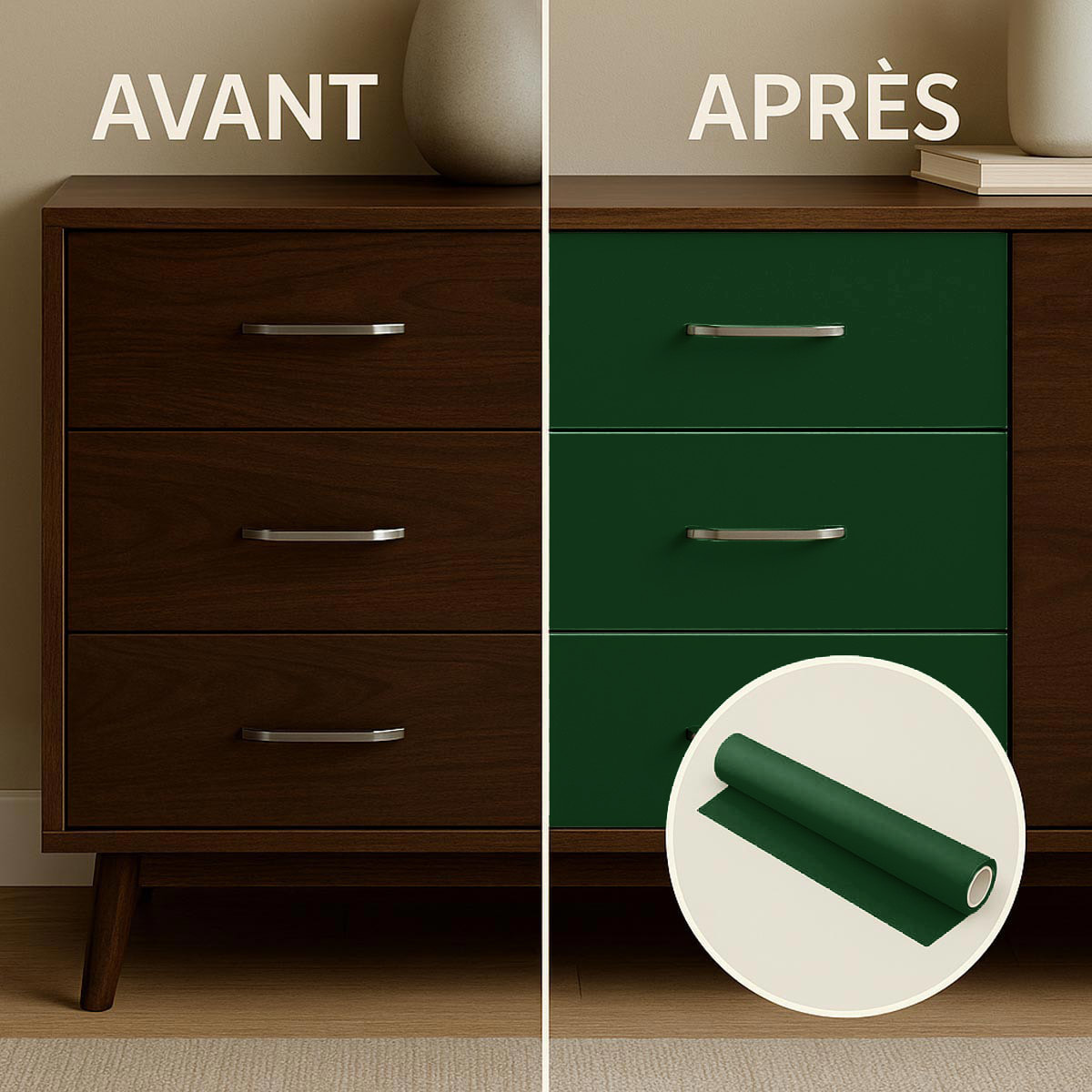 Rouleau adhésif décoratif Vinyle au Mètre - Vert fonce - Sticker Lavable Imperméable Mur Cuisine Meubles