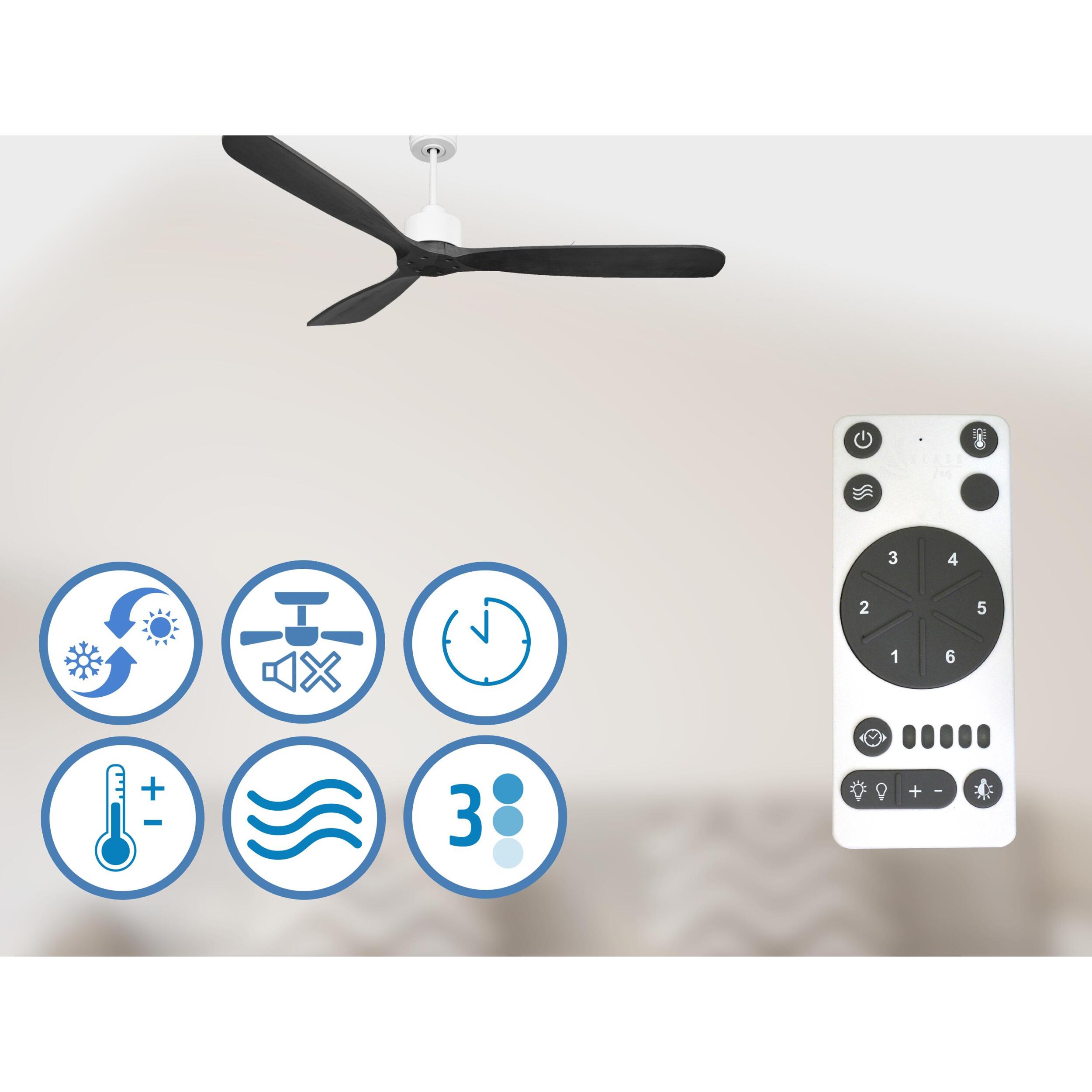 Ventilateur de plafond Réversible  Thermostat Wifi Moteur à courant continu Toits en pente Télécommande Hypersilence Mémoire FullWood