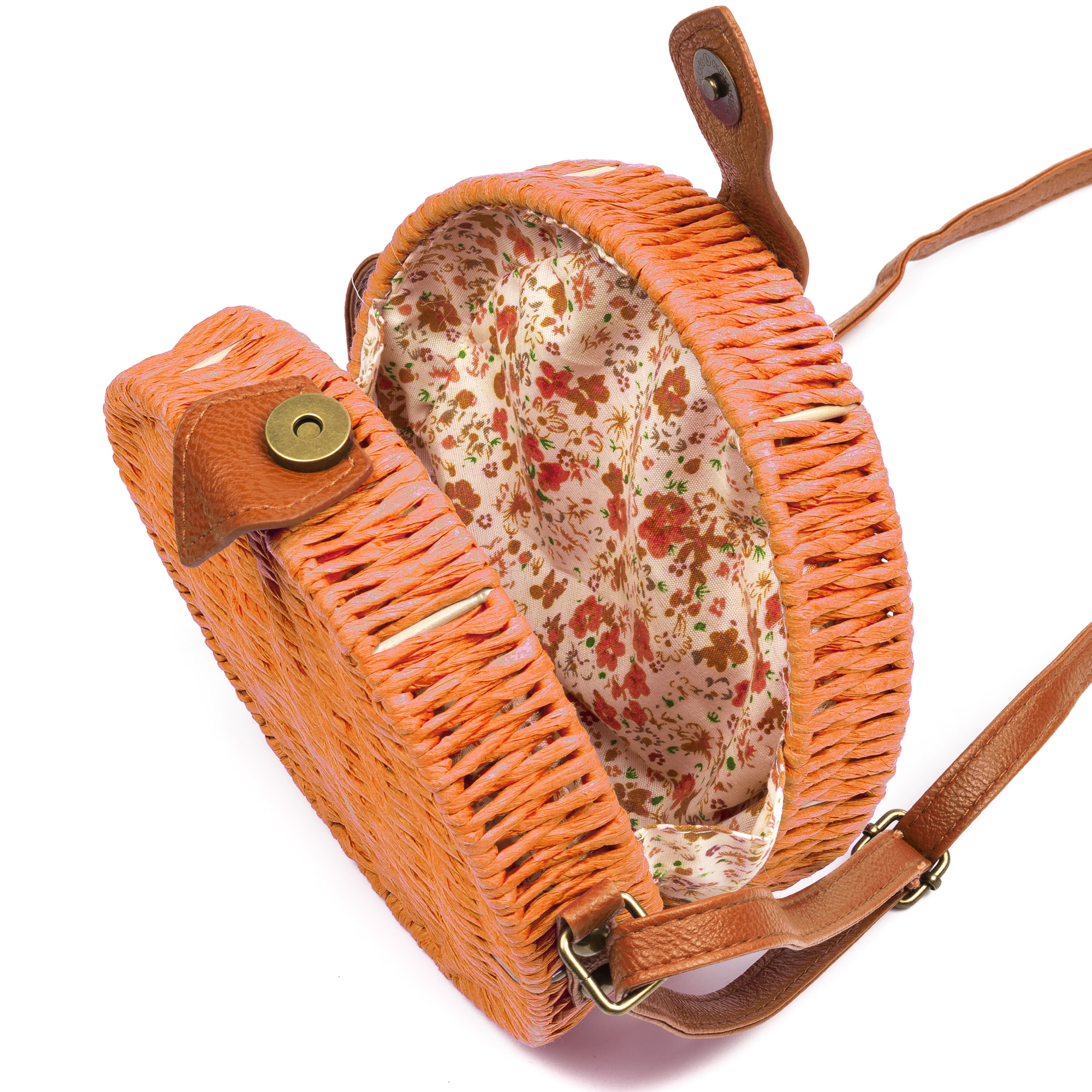 IRIA QUINTANA Borsa a tracolla da donna Cuneo. Tessuto Paglia Pelle Sintetica PU 18x4x18 Cm. Arancia