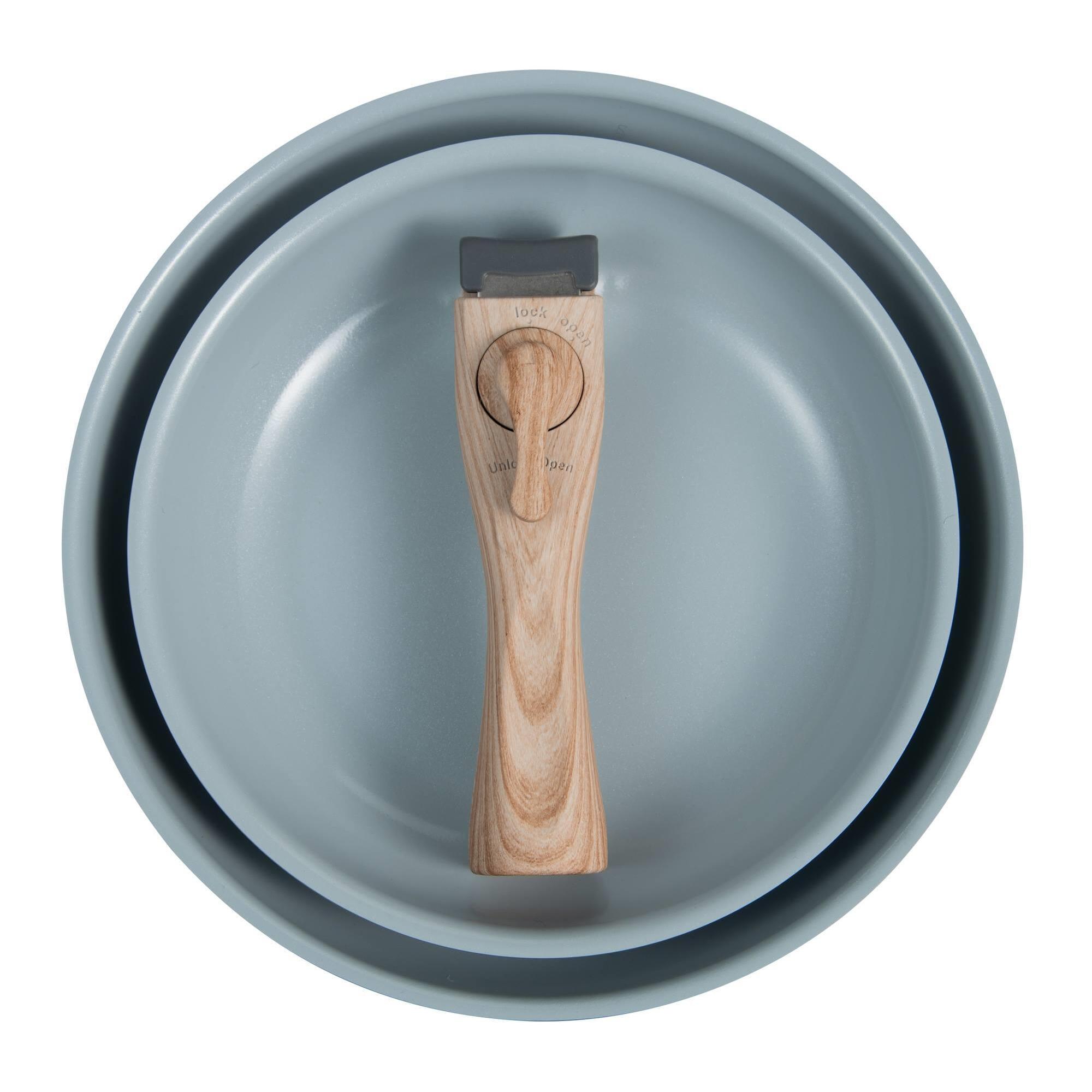 juego de 2 sartenes ø22cm y ø26cm + mango extraíble efecto madera en aluminio prensado