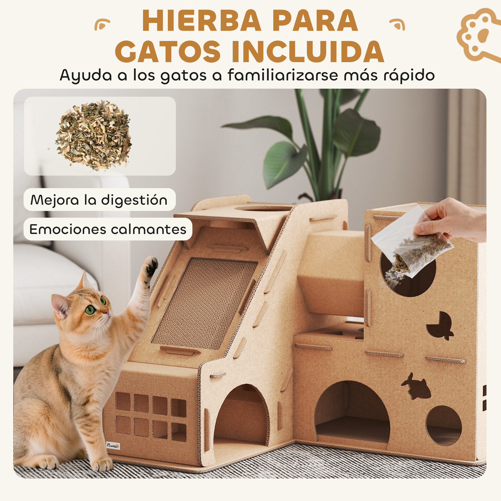 Casa para Gatos de Cartón, Forma Castillo, Rascador para Gatos de 2 Niveles con 3 Zonas de Rascado, Túnel, Rampa, Incluye Hierba, para Interior, Marrón
