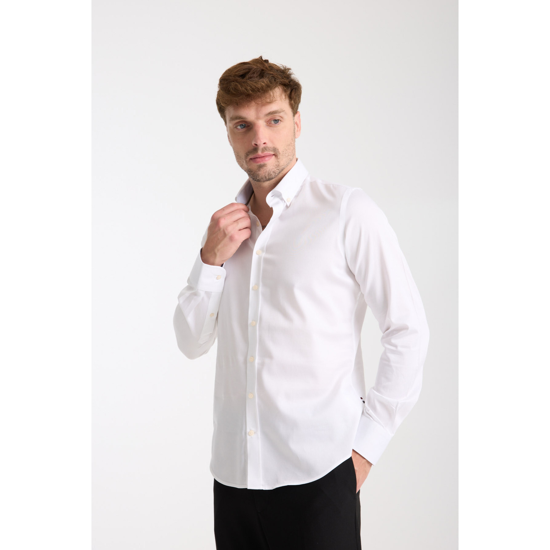 camicia uomo 1 bottone button down slim Satin Unito Bianco
