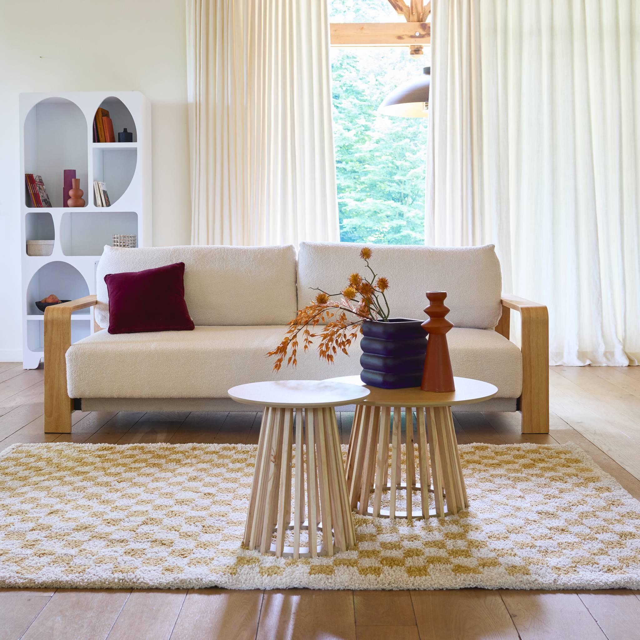 Tapis intérieur shaggy damier jaune moutarde et crème TAYLOR