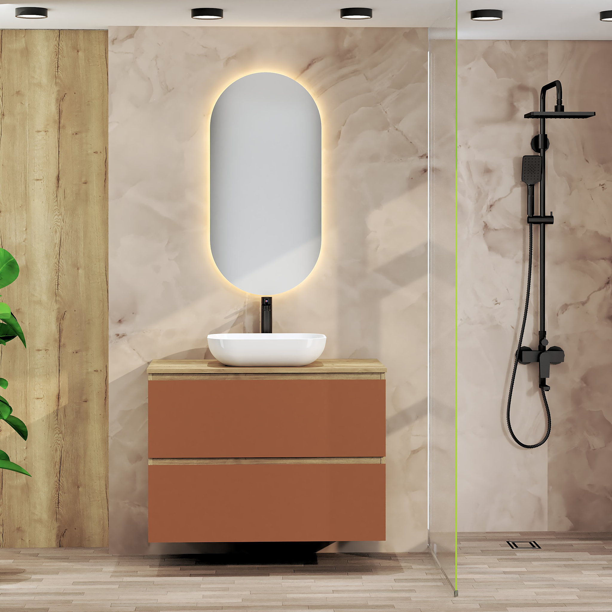 ENSEMBLE DE SALLE DE BAIN NIA | MEUBLE SUSPENDU | 90 CM SCARLAT | DEUX TIROIRS |LAVABO SUR PLAN | MIROIR NON INCLUS | MEUBLE MONTÉ | ALDAY