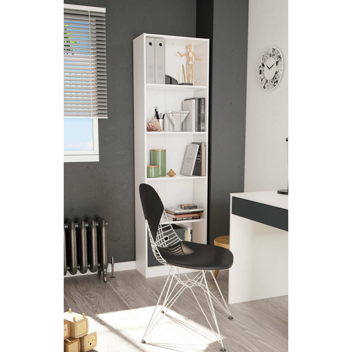 Libreria Artico, Mobile portalibri alta a 5 ripiani, Scaffale da ufficio o cameretta, Scaffale moderno con scomparti, 52x25h80 cm, Bianco