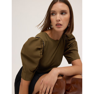Motivi - Camiseta con mangas abullonadas y piedras - Verde militare
