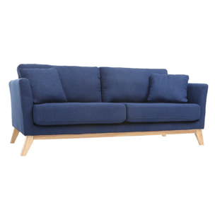 Canapé scandinave déhoussable 3 places en tissu bleu foncé et bois clair OSLO