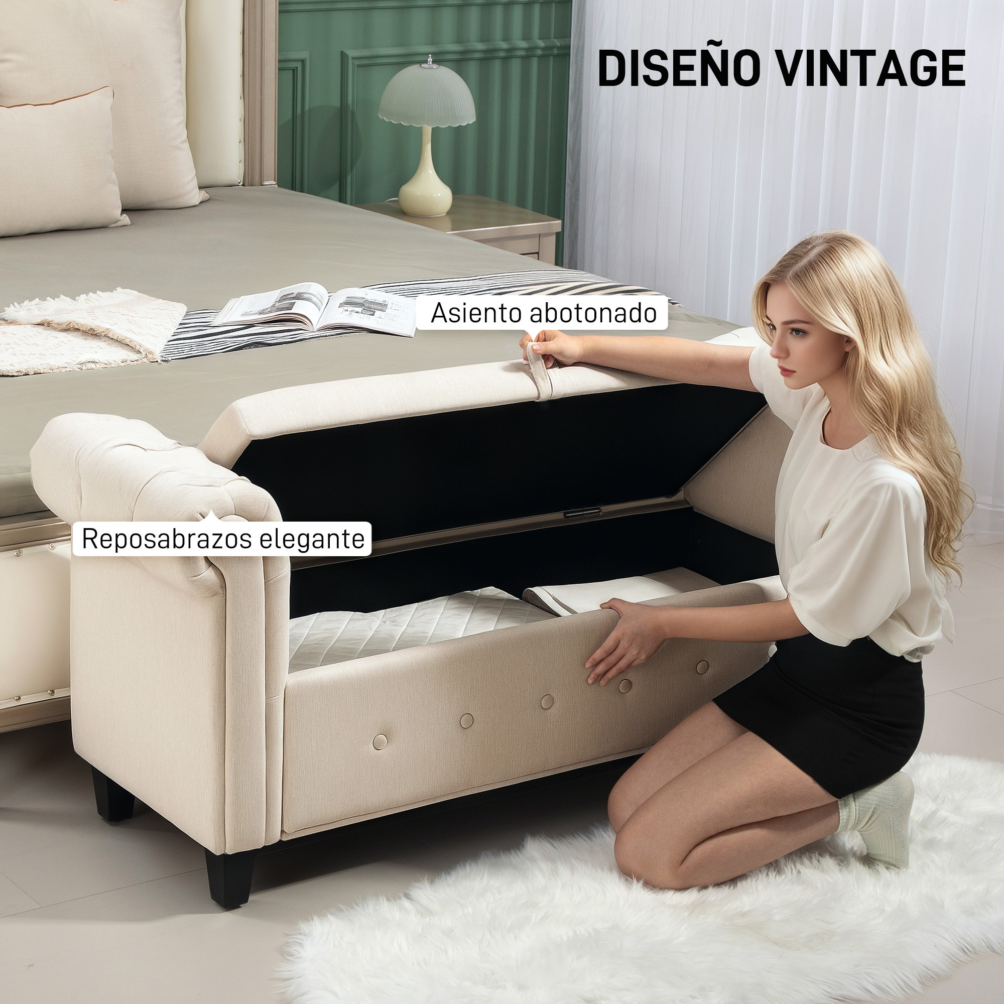 Banco de Almacenamiento Taburete de Almacenaje de Lino con Tapa de Bisagras Patas de Madera y Reposabrazos Enrollados para Dormitorio Salón Pasillo Carga 150 kg 146,5x49x74,5 cm Beige