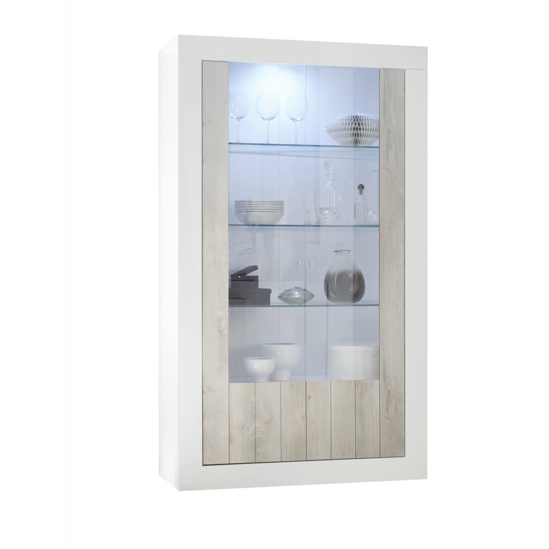 Vetrina moderna con scaffali, Made in Italy, Credenza con anta a vetro, Mobile da soggiorno, Vetrinetta, cm 110x42h190, colore Bianco lucido e Cemento