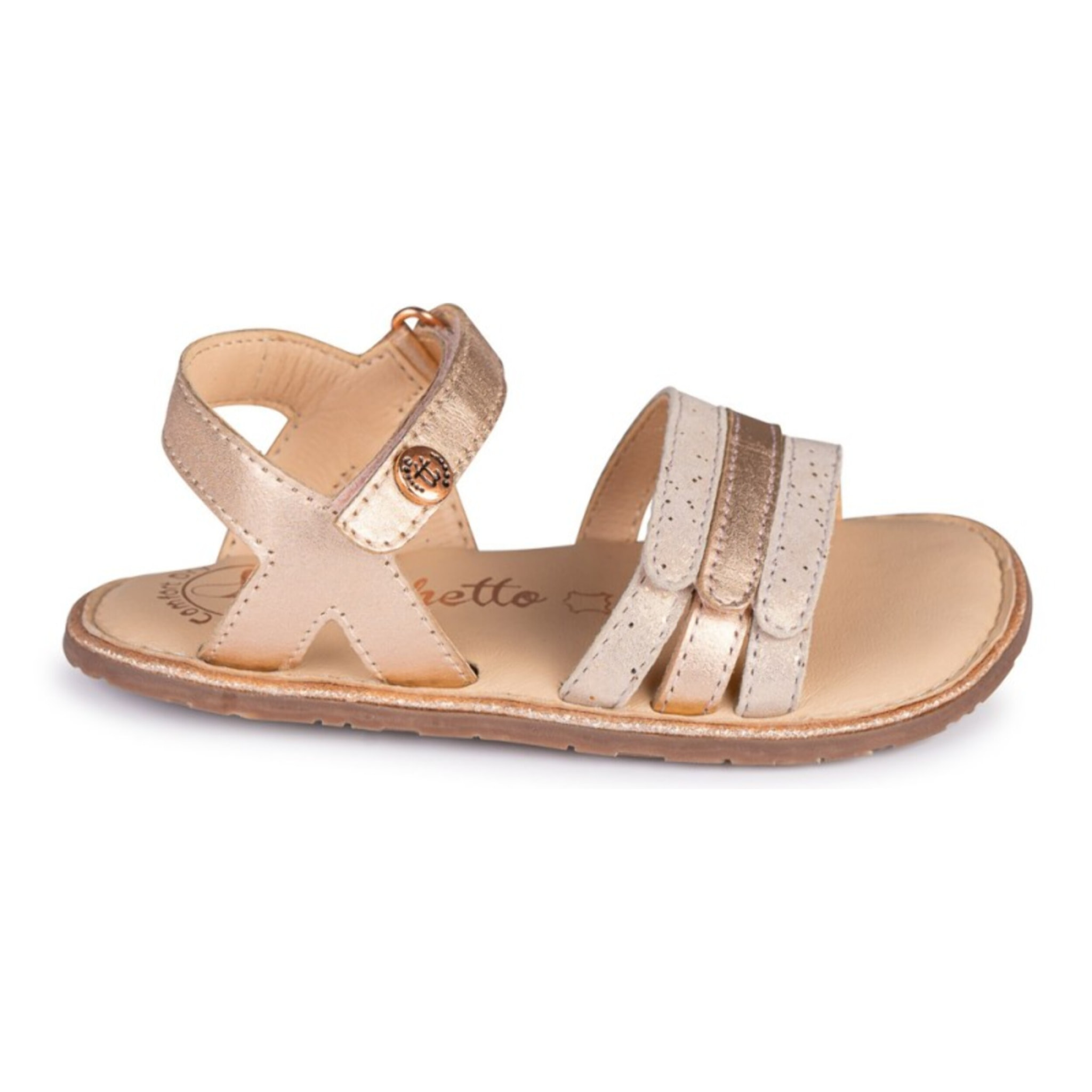 SANDALIA BAREFOOT ORO ROSADO - VELCRO Y ACABADO METÁLICO