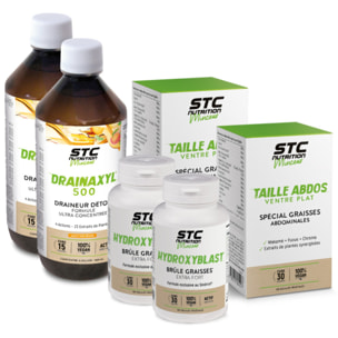 STC NUTRITION - Pack Perte de Graisse Accélérée - Complément alimentaire - Drainaxyl® 500 Thé Pêche + Hydroxyblast® + Taille Abdos Ventre Plat + - Elimination & Drainage - Brûle graisses extra-fort - Programme 2 mois