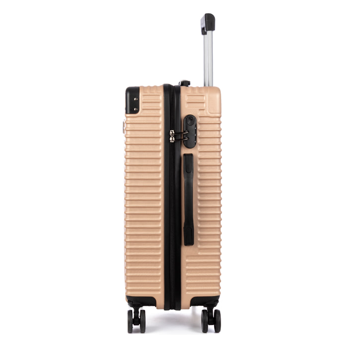 DAM Juego de 3 maletas Trolley, en material ligero ABS de alta resistencia con esquinas reforzadas. Cerradura numérica y 4 ruedas dobles extraíbles y giratorias 360°. 54x32x80 Cm. Color: Oro