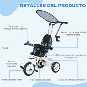 Triciclo para Bebés 6 en 1 Triciclo Evolutivo para Niños de +12 Meses con Toldo Plegable Mango de Empuje Telescópico y Desmontable Asiento Ajustable Cesto y Portabotellas Azul
