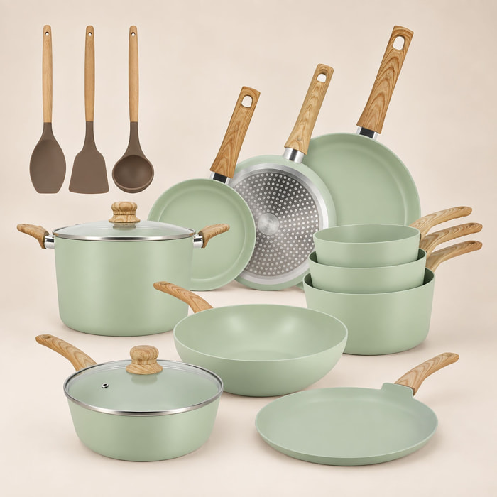 Batterie de cuisine 13 pièces en aluminium recyclé celadon - tout feux COLORAMA