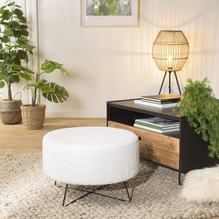 AGATHE - Pouf rond tissu bouclette blanc pieds croisés métal noir