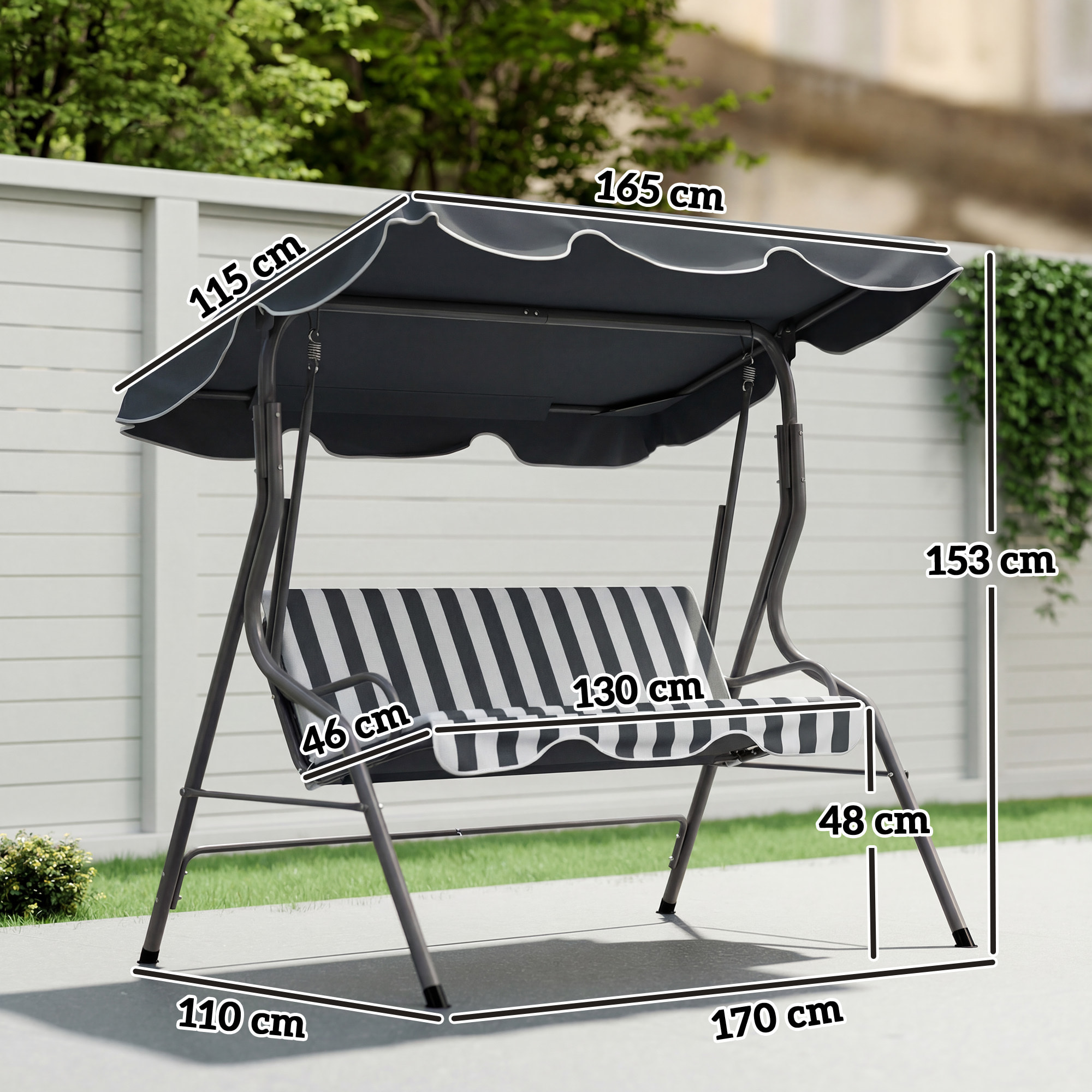 Balancelle de jardin 3 places coussins assise dossier gris blanc rayé