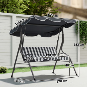 Balancelle de jardin 3 places coussins assise dossier gris blanc rayé