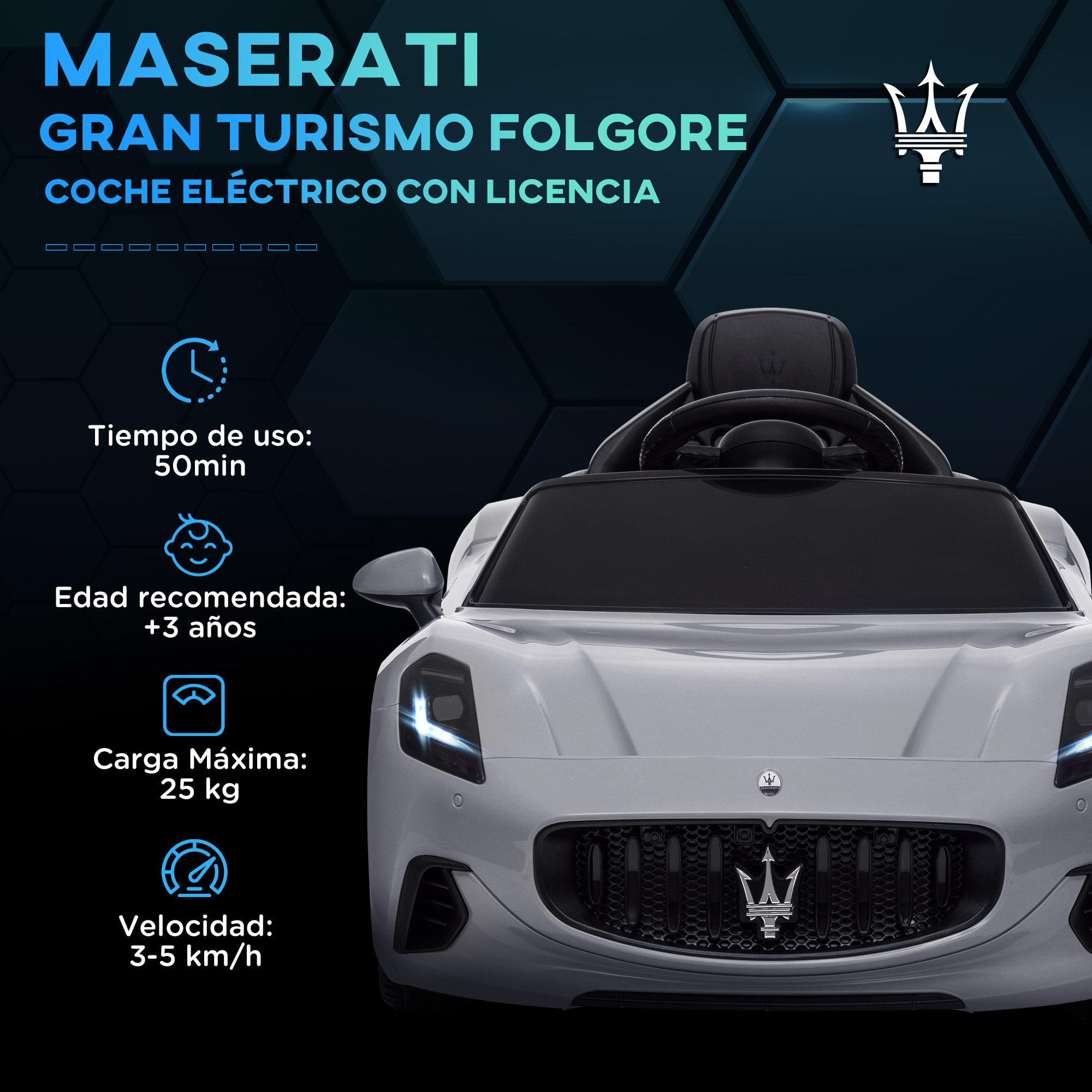 Coche Eléctrico para Niños de +3 Años Maserati Gran Turismo Folgore Coche Eléctrico con Batería 12V Mando a Distancia Faros Bocina y Música MP3 Gris