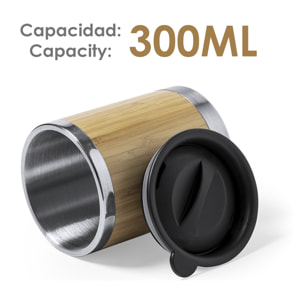 Lubon bicchiere termico Nature da 300ml. Corpo in bambù e acciaio inox a doppia parete per una migliore conservazione della temperatura fredda/calda. Con tappo dosatore.