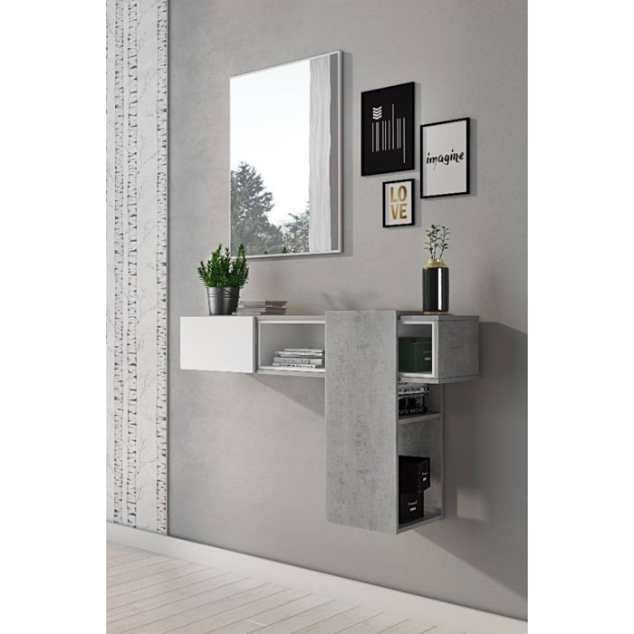 Mobile da ingresso con specchio, entratina per atrio con cassetto, Svuotatasche per piccoli appartamenti, cm 100x27h155, colore Cemento e Bianco