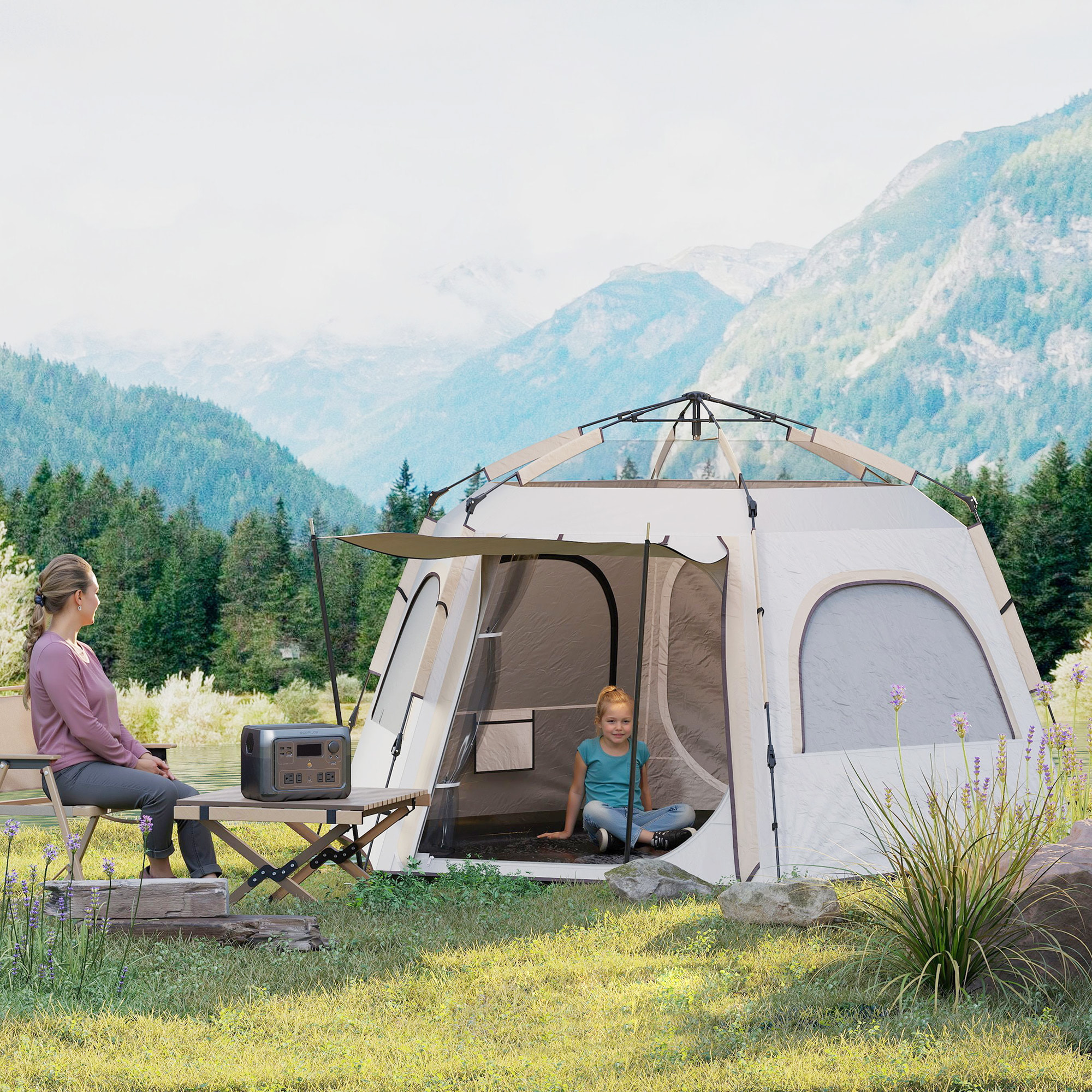 Tienda de Campaña para 2-4 Personas Tienda de Camping Plegable con Fácil Instalación Ventanas de Malla Gancho y Bolsa de Transporte Protección UV Impermeable para Senderismo Blanco y Beige