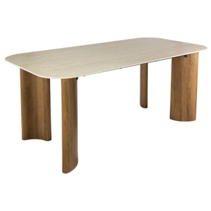 Mohea - table à manger - plateau en céramique effet travertin - 4 à 6 personnes - Bois / Beige