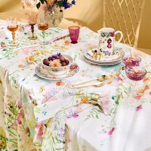 Nappe lin & coton lavé 150 g/m² imprimé rose vert Rosee du matin printemps