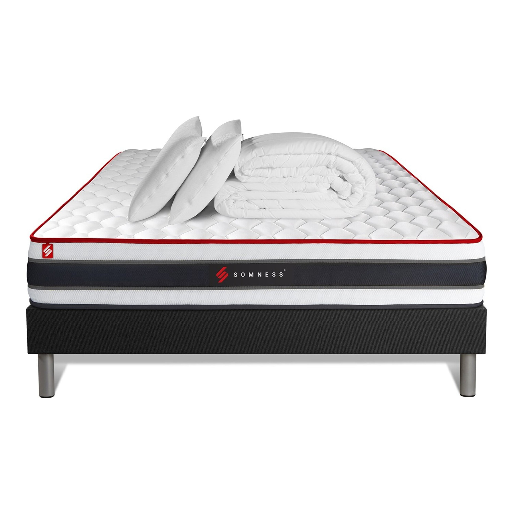 Pack prêt à dormir matelas ENERGY ressorts ensachés et mémoire de forme + sommier kit noir + Couette + 2 oreillers