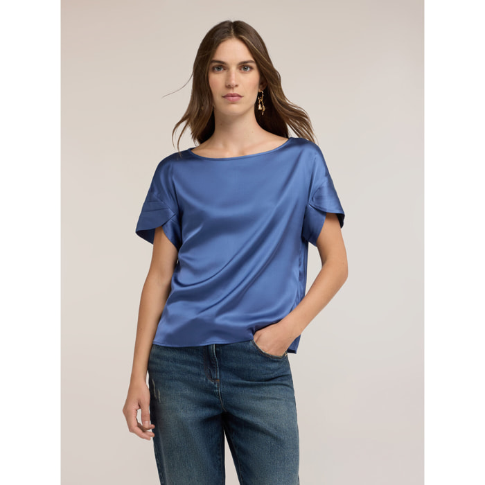Motivi - Blusa in raso con maniche a petalo - Blu