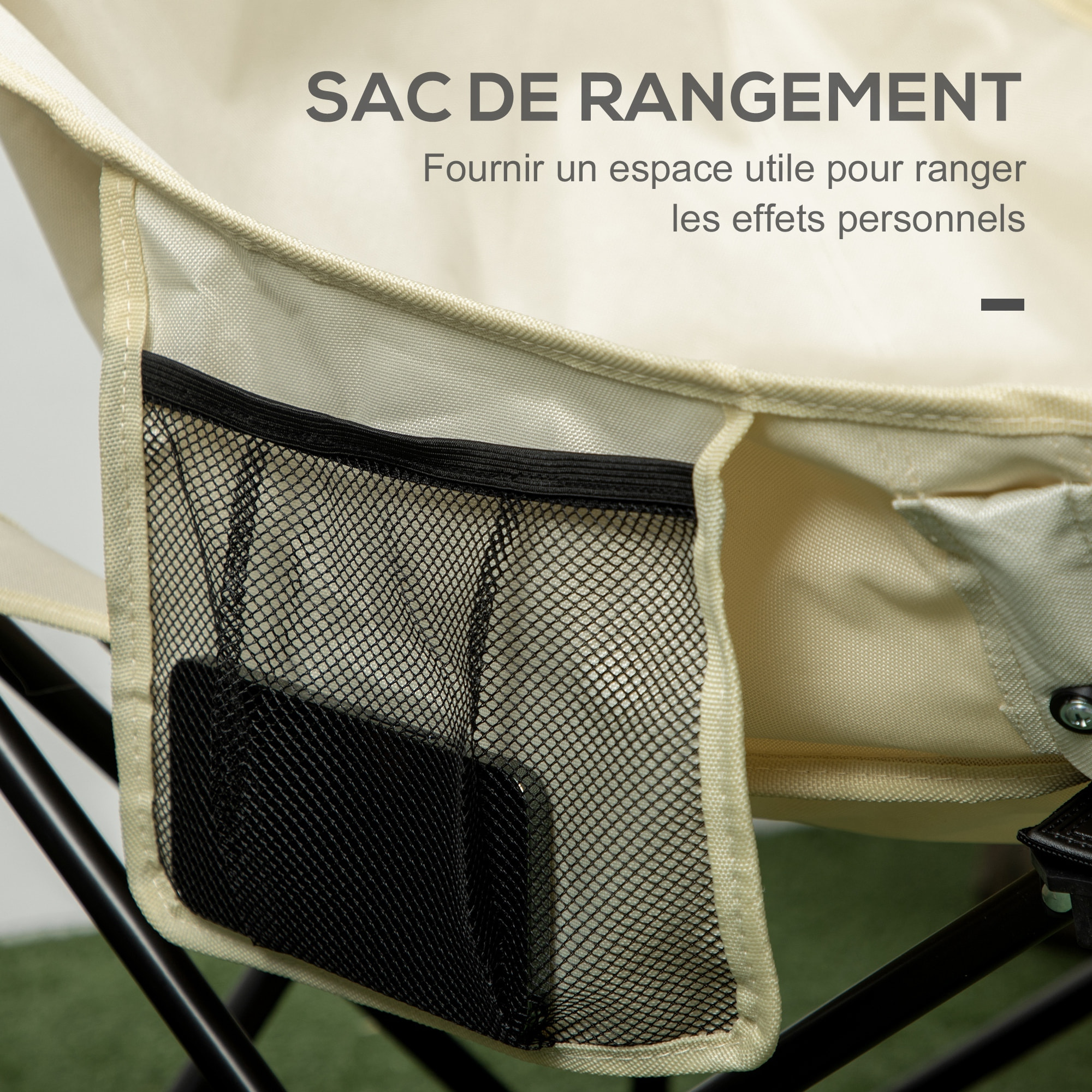 Chaise de camping pliable avec sac de transport et pochette de rangement acier oxford beige