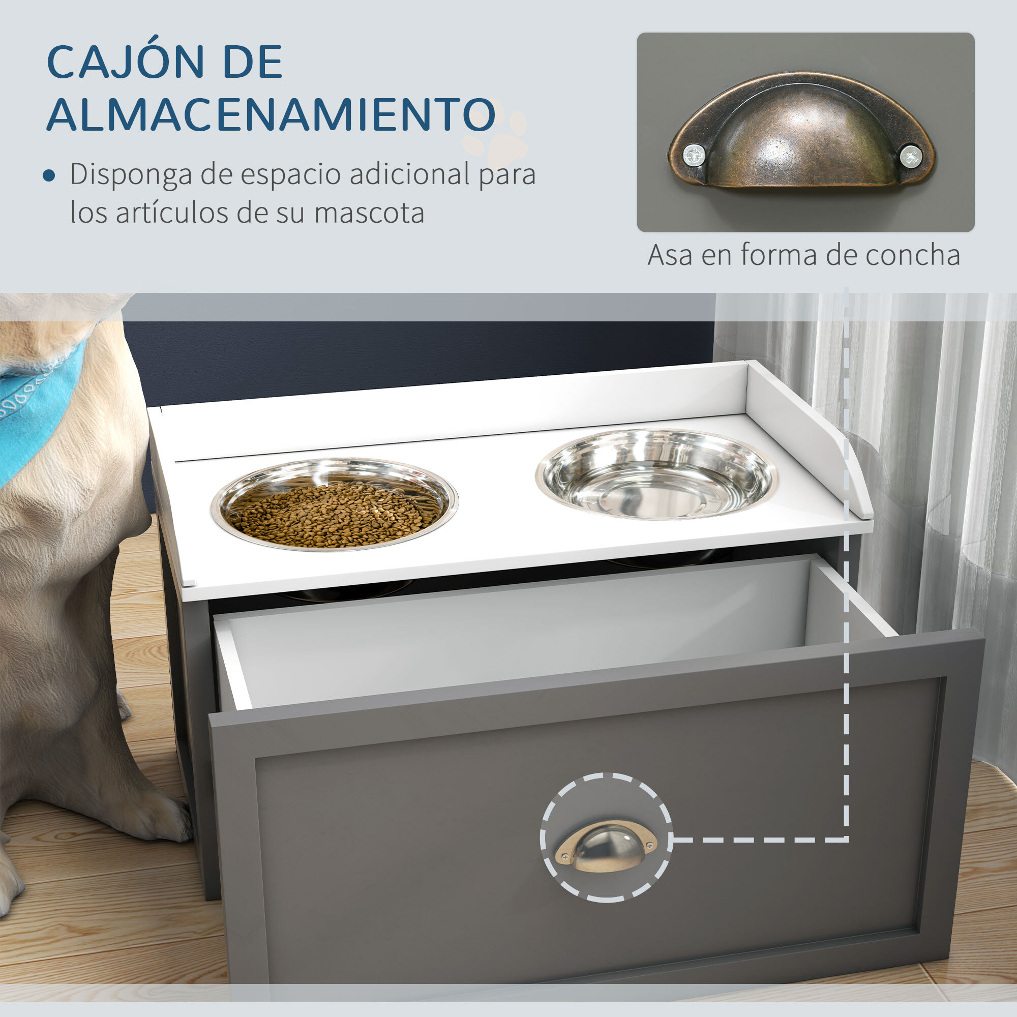 Comedero Elevado para Perros Grandes Cuencos para Perros con 2 Tazones 2000ml de Acero Inoxidable y Cajón Oculto Soporte de Madera para Mascotas 60x30x36 cm Gris y Blanco