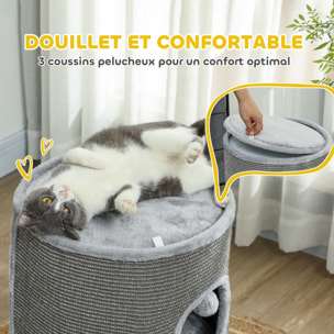 Tour pour chat modulable zippée 3 parties - tonneau griffoir chat 2 pompons - sisal naturel peluche gris