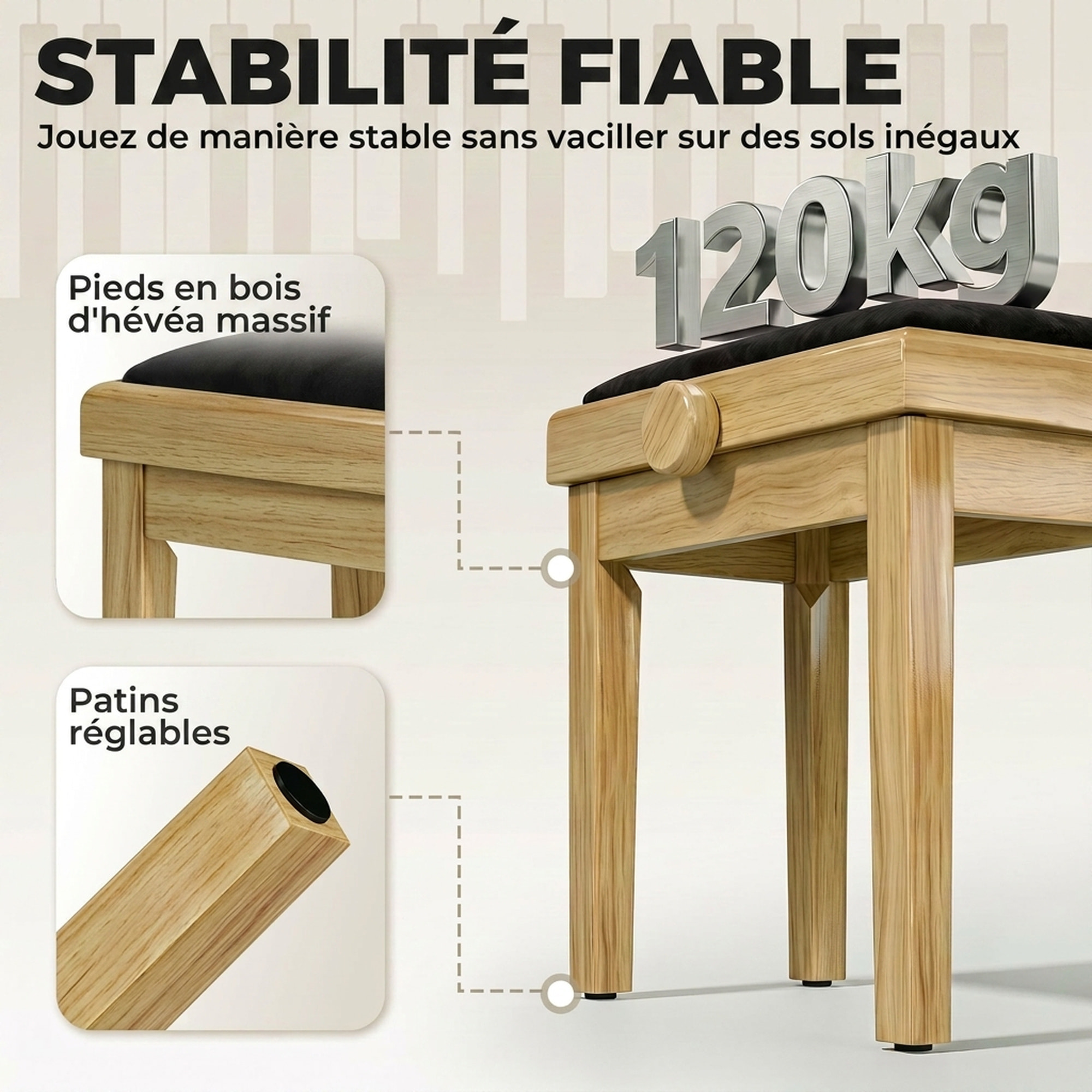 Banc de Piano, Tabouret Réglable en Hauteur 45-56 cm, assise Rembourrée en Velours, Bois Naturel