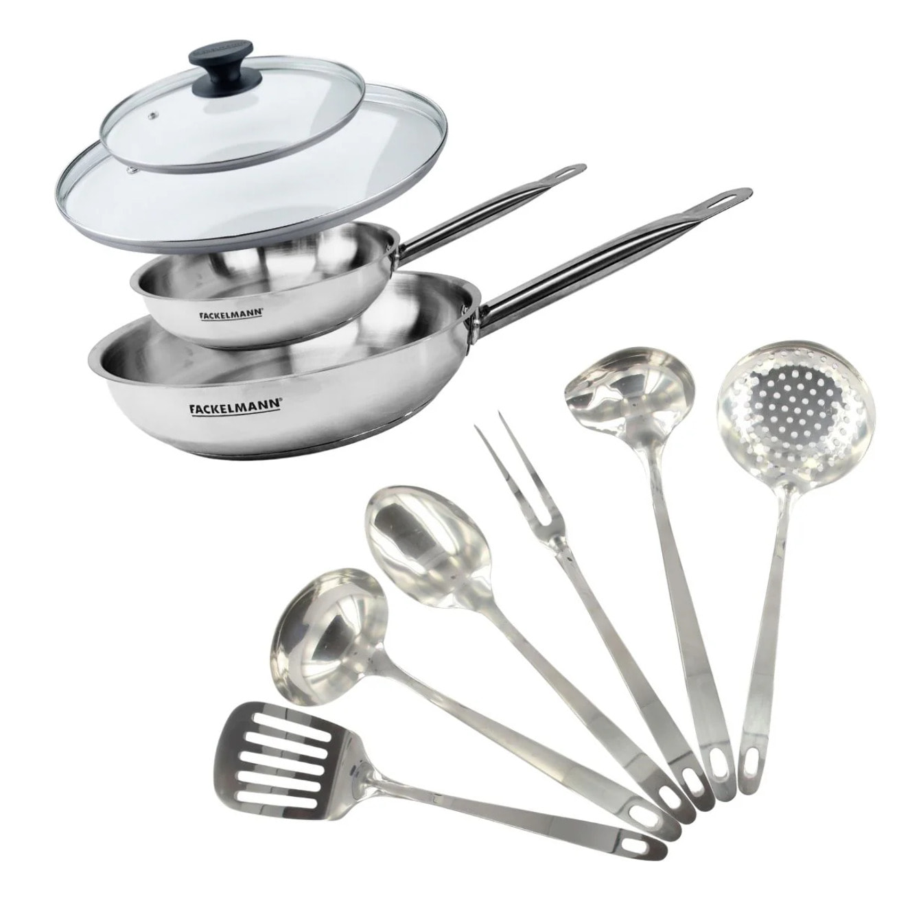 Set de 2 poêles 20 et 28 cm en inox, 2 couvercles verre et 6 ustensiles inox Fackelmann Eterna